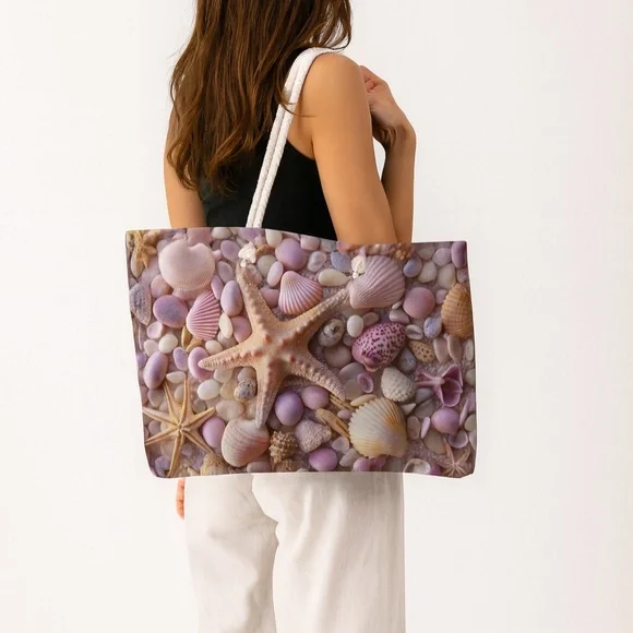 Seashell & Starfish Tote Bag – Large Beach Shoulder Bag - Picture 1 of 3